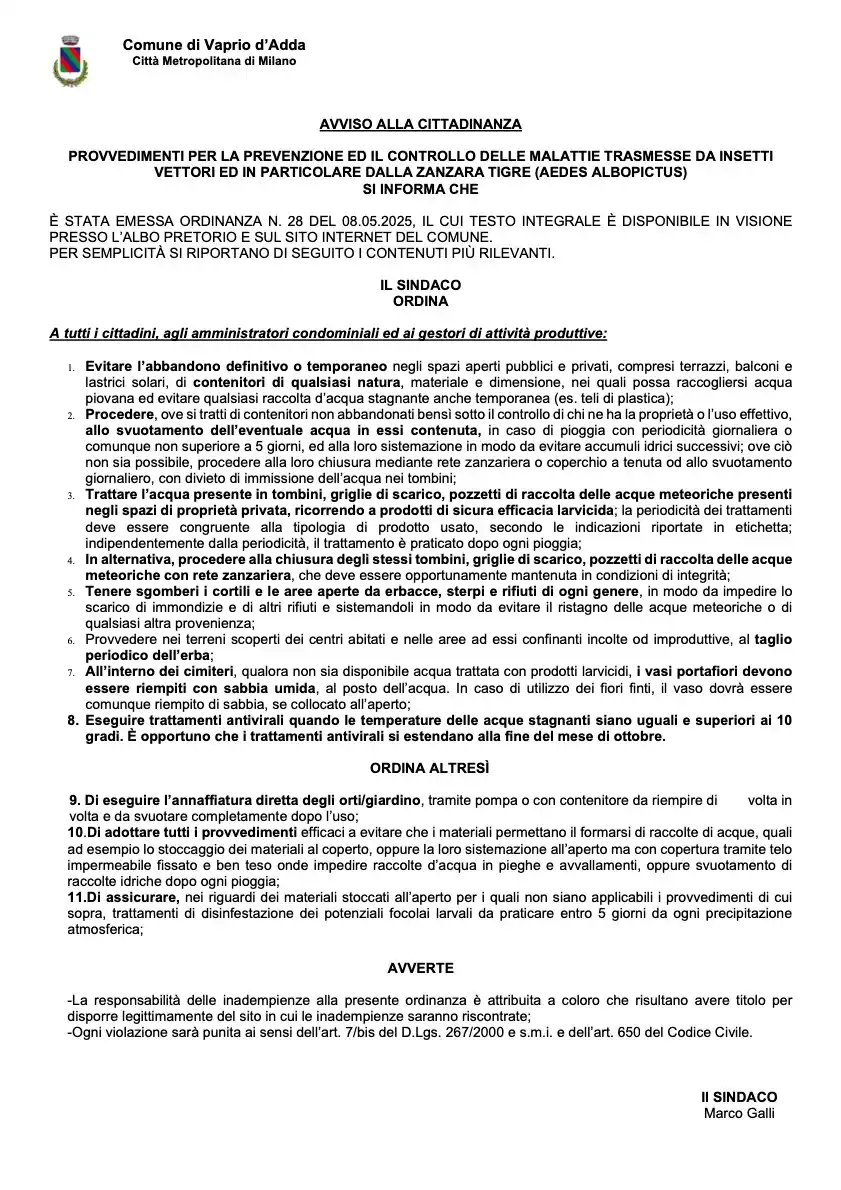 Image from Comune di Vaprio d'Adda: ✋ 🦟 Condividiamo l'avviso alla Cittadinanza per i provvedimenti di pr...