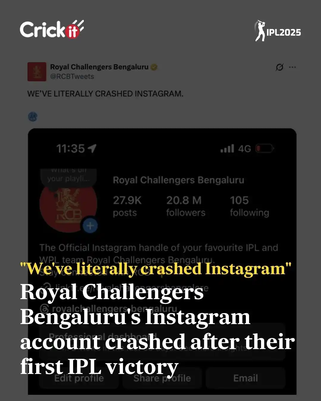 Image from Hindustan Times: *CrickIt* | RCB breaks the internet! 🔥 After clinching their maiden I...