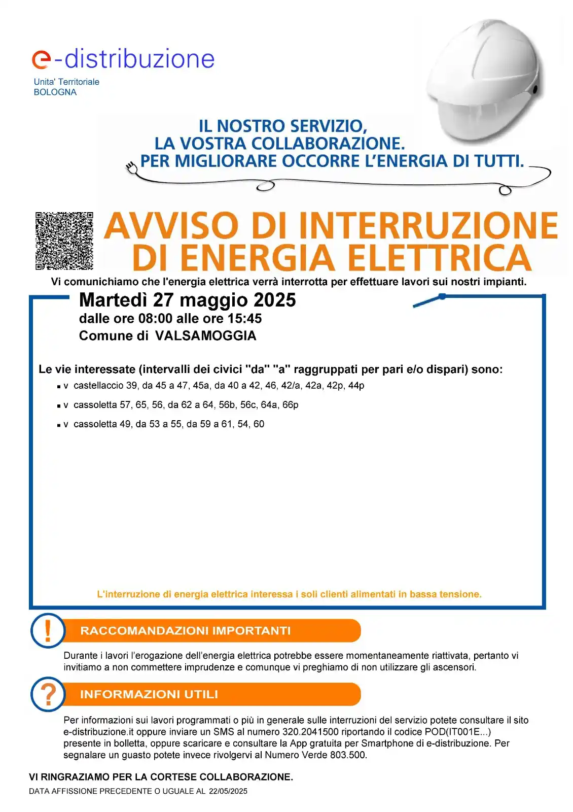 Image from Comune di Valsamoggia News: 💡ENERGIA ELETTRICA | e-distribuzione informa che, per lavori, l'eroga...
