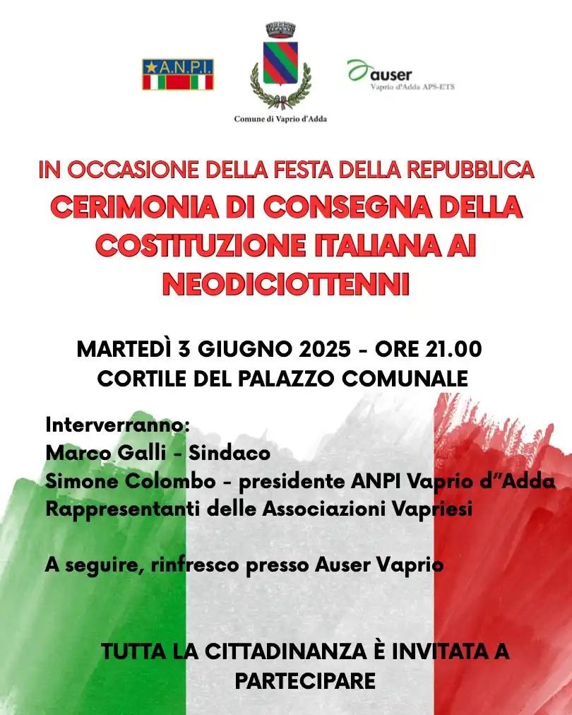 Image from Comune di Vaprio d'Adda: Vi invitiamo a partecipare alla *Cerimonia di Consegna della Costituzi...