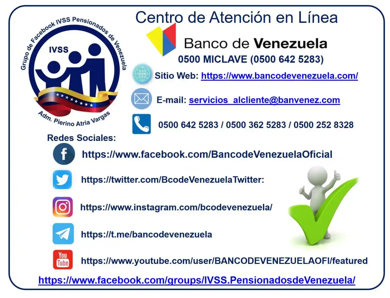 Image from Canal IVSS Pensionados de Venezuela en WhatsApp (Adm. Pierino Atria Vargas): ✅ *Tienes Problemas con tu Cuenta BDV?* 📌 Comuníquese con el centro ...