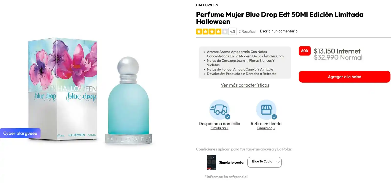 Image from Knasta Chile / Ofertas Y Cupones Exclusivos: HALLOWEEN Perfume Mujer Blue Drop Edt 50Ml Edición Limitada Bajó a $1...
