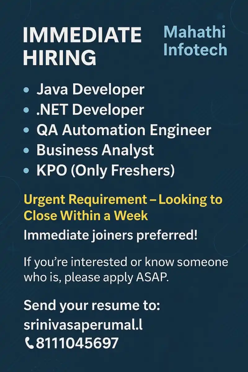 Image from Qtree Technologies - Job Openings: 🚨 Immediate Hiring – Mahathi Infotech 🚨 We at Mahathi Infotech are u...