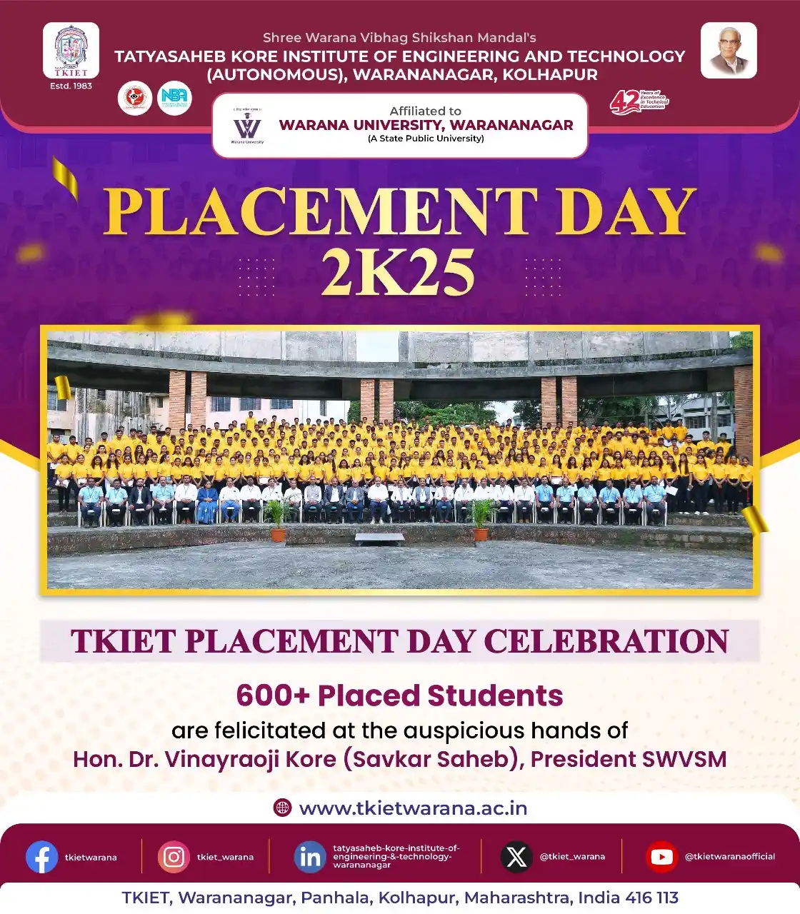 Image from TKIET WARANANAGAR (AUTONOMOUS) Official: 🌟 Celebrating Excellence at TKIET! 🌟 Placement Day 2K25 marks a prou...