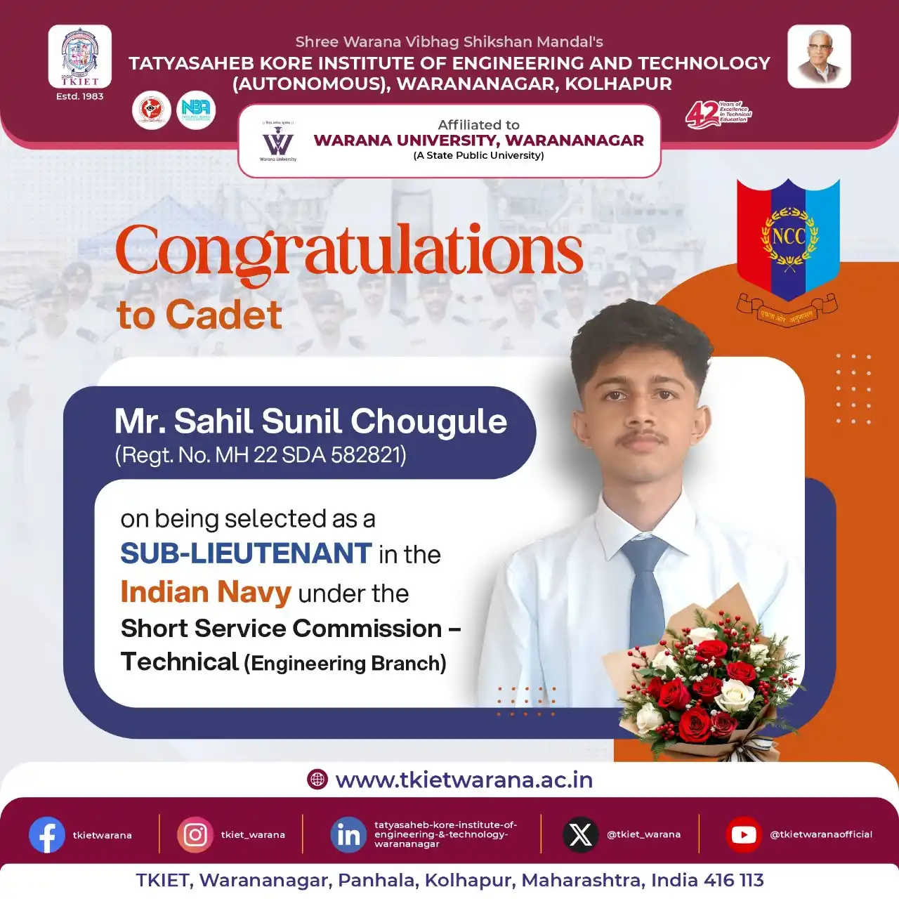 Image from TKIET WARANANAGAR (AUTONOMOUS) Official: 🚨 Congratulations to Cadet Mr. Sahil Sunil Chougule on being selected...