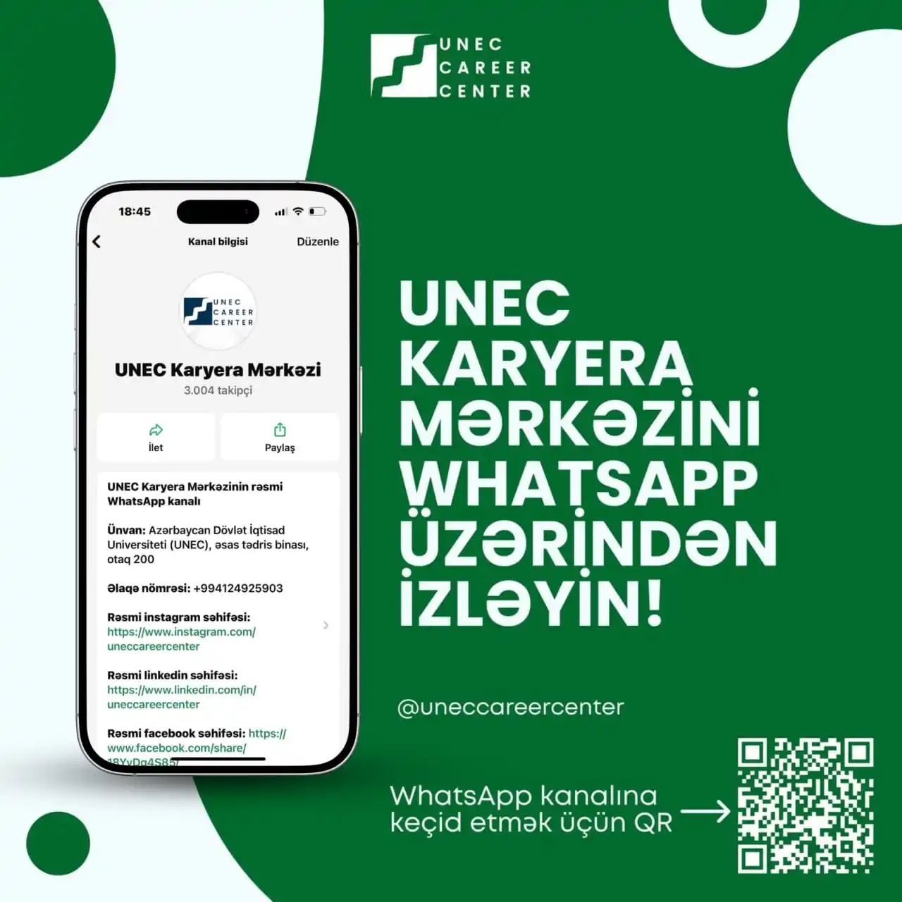 Image from UNEC: *📢 Əziz UNEC tələbələri!* UNEC Karyera Mərkəzinin WhatsApp kanalını ...