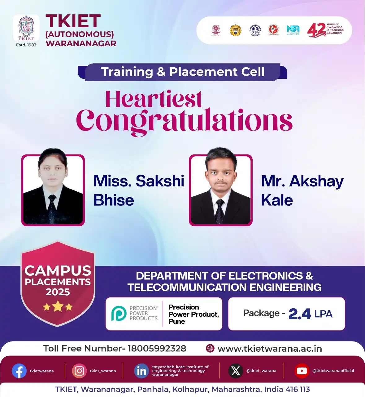 Image from TKIET WARANANAGAR (AUTONOMOUS) Official: 🎉 Heartiest Congratulations! 🎉 Miss Sakshi Bhise & Mr. Akshay Kale f...