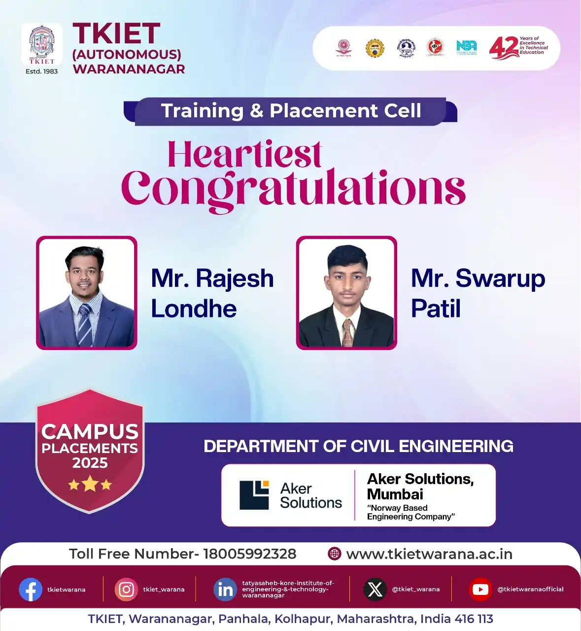 Image from TKIET WARANANAGAR (AUTONOMOUS) Official: Heartiest congratulations to Mr. Rajesh Londhe and Mr. Swarup Patil fr...