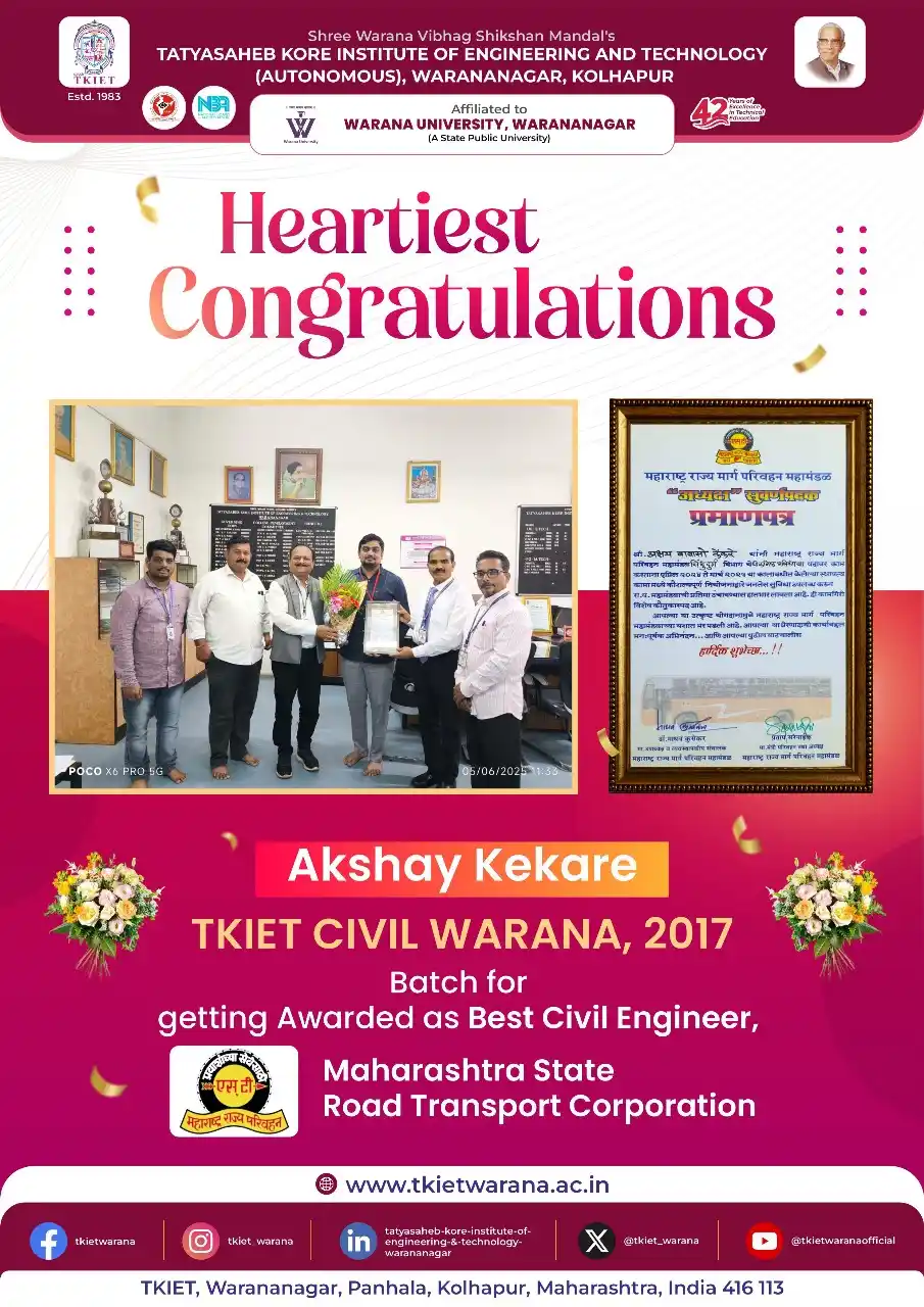 Image from TKIET WARANANAGAR (AUTONOMOUS) Official: 🎉 Heartiest Congratulations! 👷♂️ We are proud to share that Akshay ...