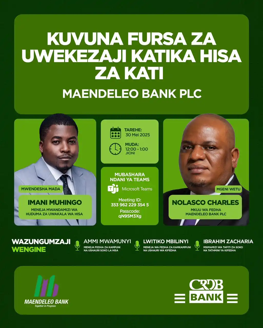 Image from CRDB Bank Plc: Wawekezaji, tukutane tena Jiunge nasi katika Mjadala wa Masoko ya Mit...