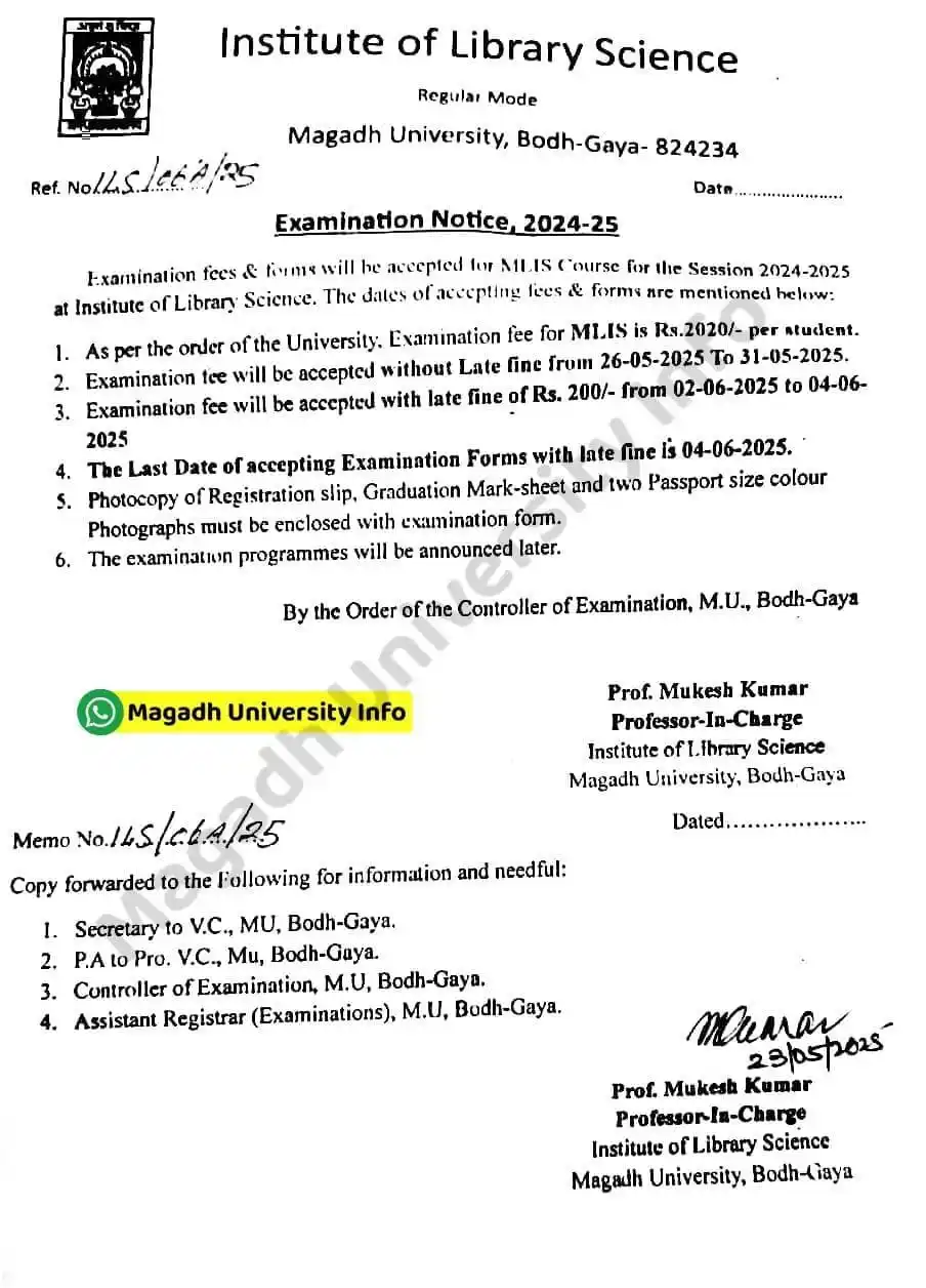 Image from Magadh University Info: *Examination fees & forms will be accepted for MLIS Course for the Ses...