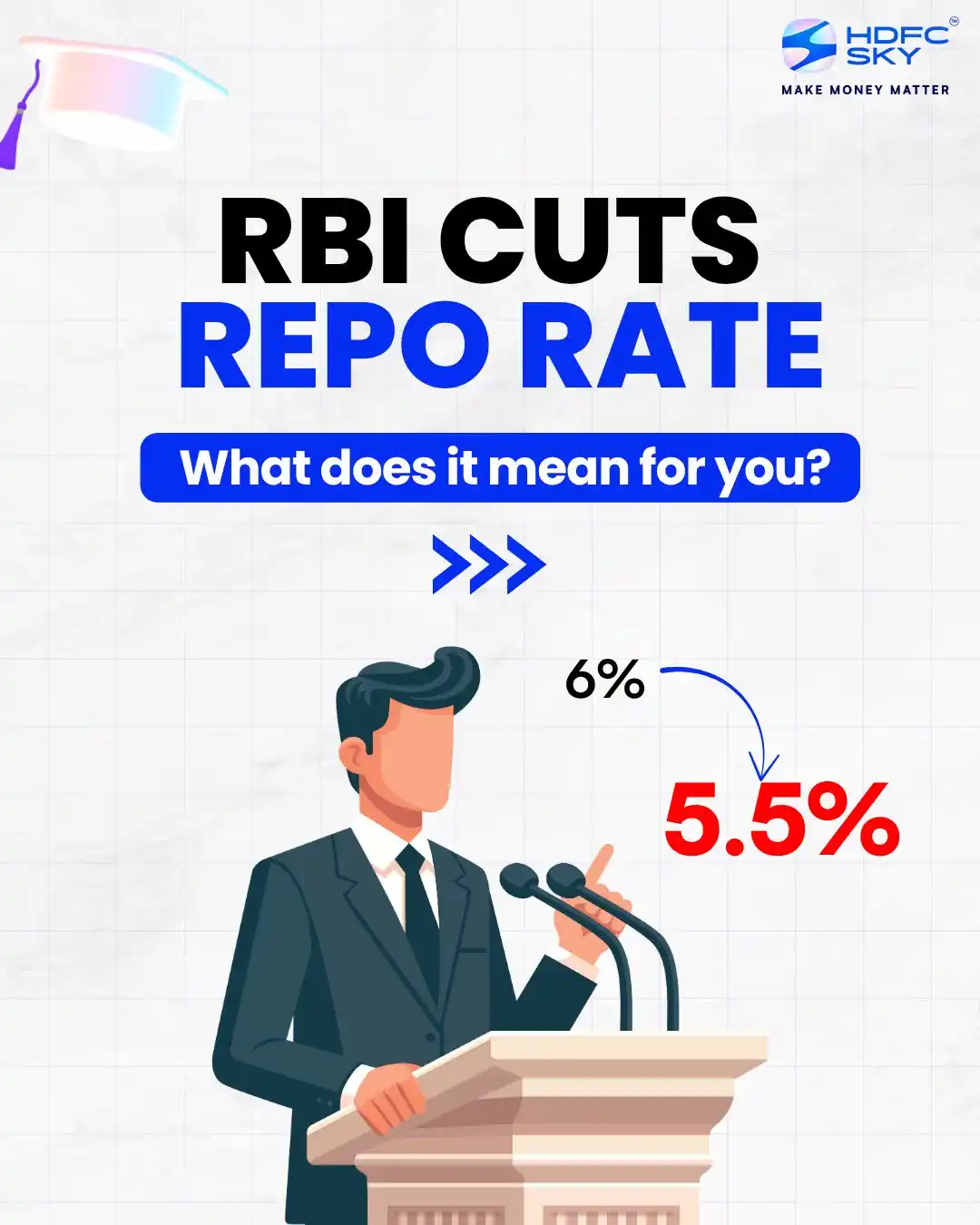 Image from HDFC SKY: RBI just cut the repo rate by 50 basis points, it's now at 5.5% 📉 Th...