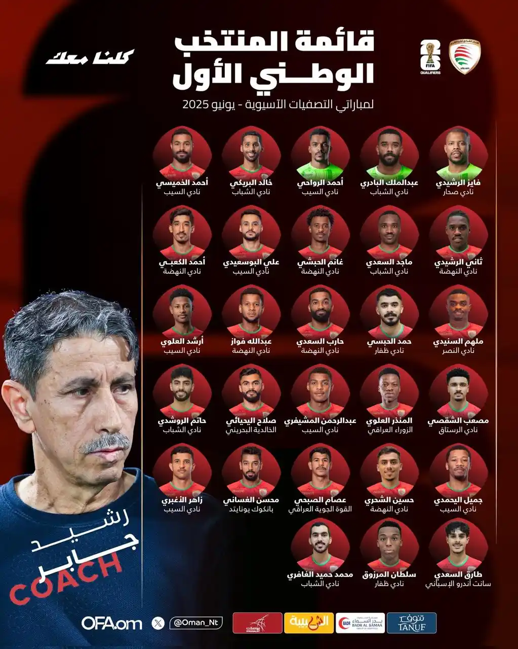 Image from موقع لعبتنا الرياضي: قائمة المنتخب الوطني العُماني المشاركة في مباراتي الأردن وفلسطين ضمن ت...