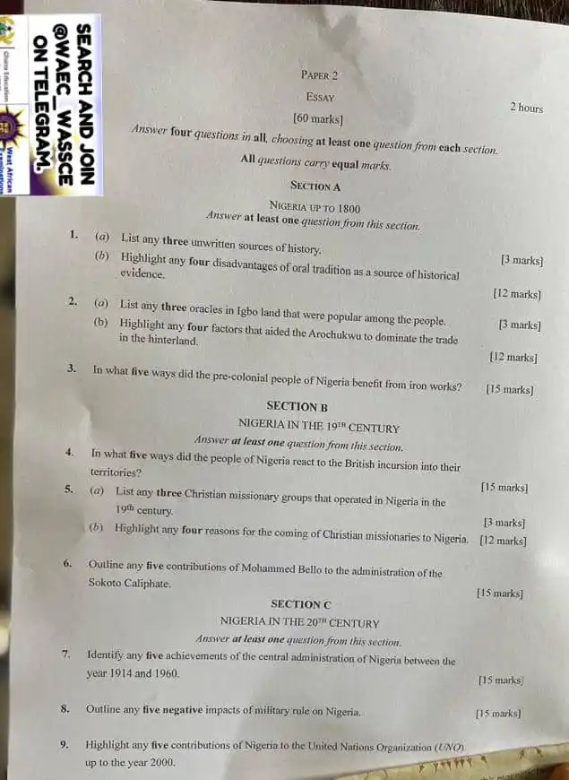 Image from WEST AFRICAN EXAMINATION COUNCIL | WAEC: *WAEC HISTORY*🇳🇬🇳🇬 *NUMBER ONE* (1a) (PICK THREE ONLY) (i) Oral...