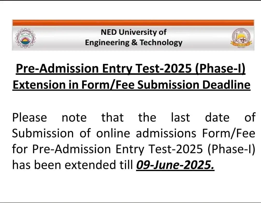Image from SIGMA EDUCATION UPDATES KARACHI: *NED UNIVERSITY PRE ADMISSION TEST DATE EXTENDED* `APPLY NOW👇🏻` htt...