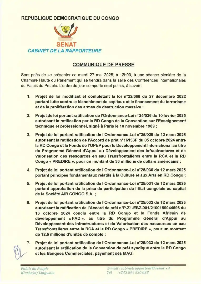 Image from SENAT RDC: *Session Parlementaire — Mars 2025* Les Organes de Presse et Médias, ...