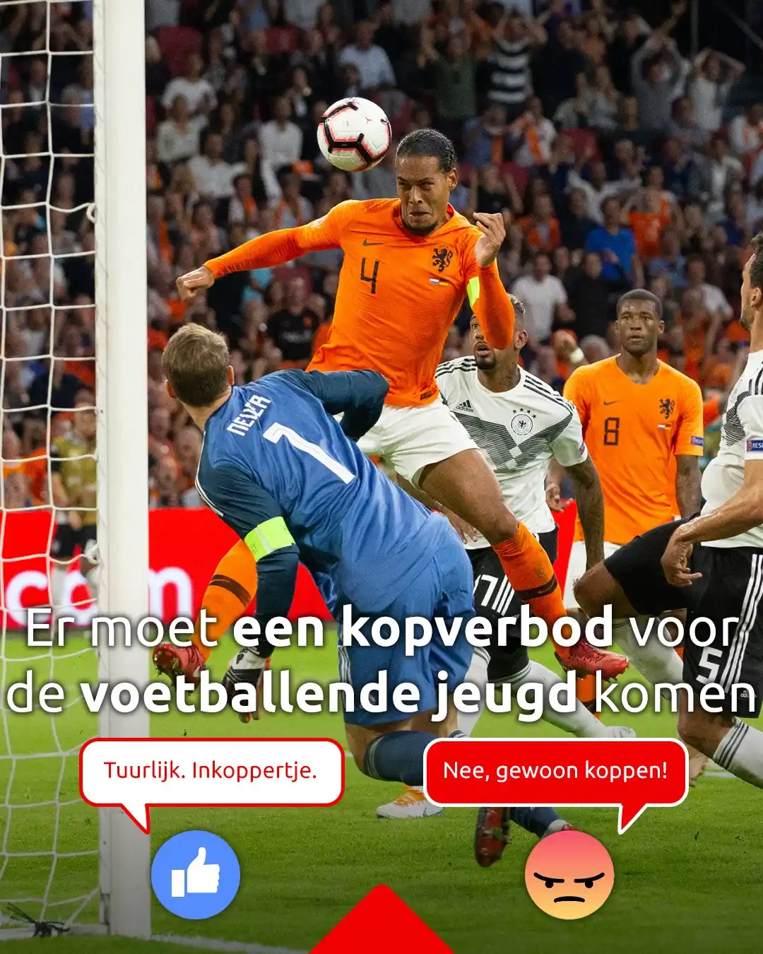 Image from Omroep Brabant: *Veel koppen in het voetbal = meer risico op dementie.* In landen als...