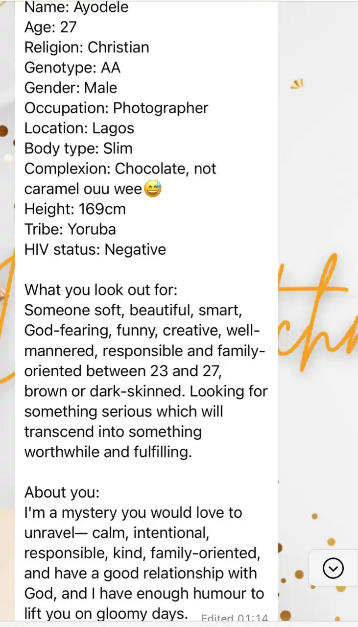 Image from Singles connect: Ayodele male in Lagos seeks a match, dm if interested 🥰...