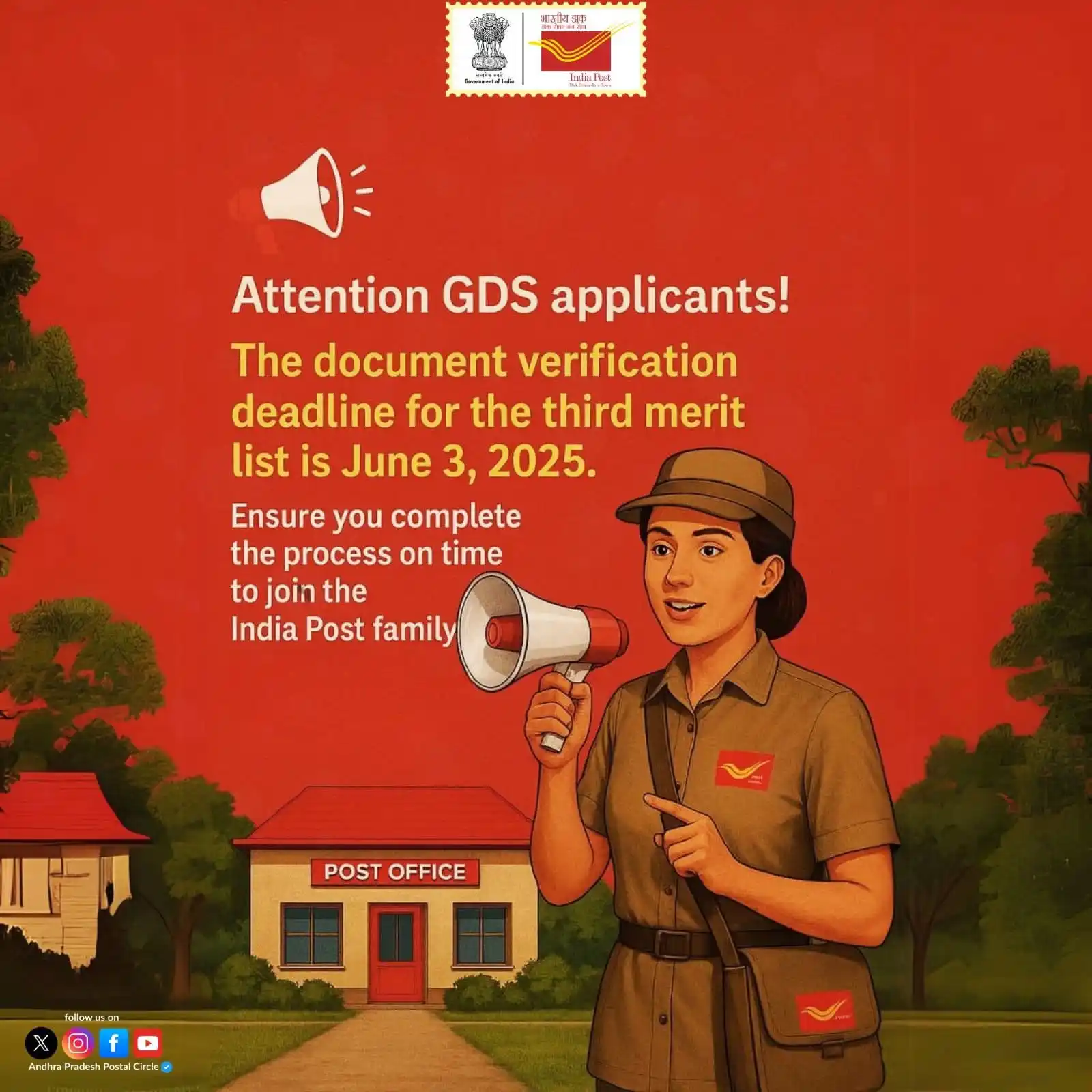 Image from Indian Postal Khabar (DOP): 📢 Attention GDS applicants! The document verification deadline for th...