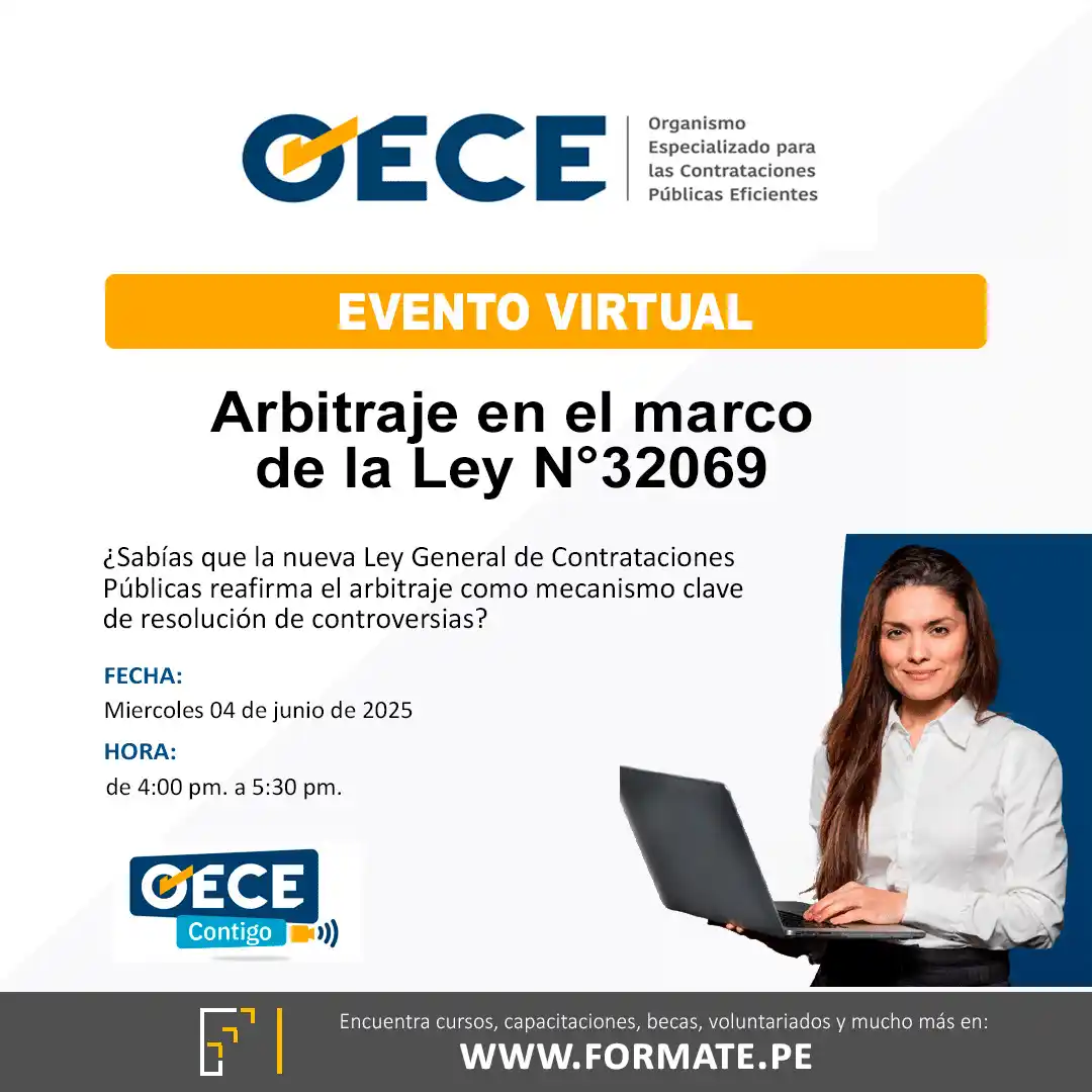 Image from Convocatorias Administración: Empleos - Prácticas - Capacitaciones: 📢 ¡Conferencia virtual! Organizada por el OECE 💬 Tema: Arbitraje en ...