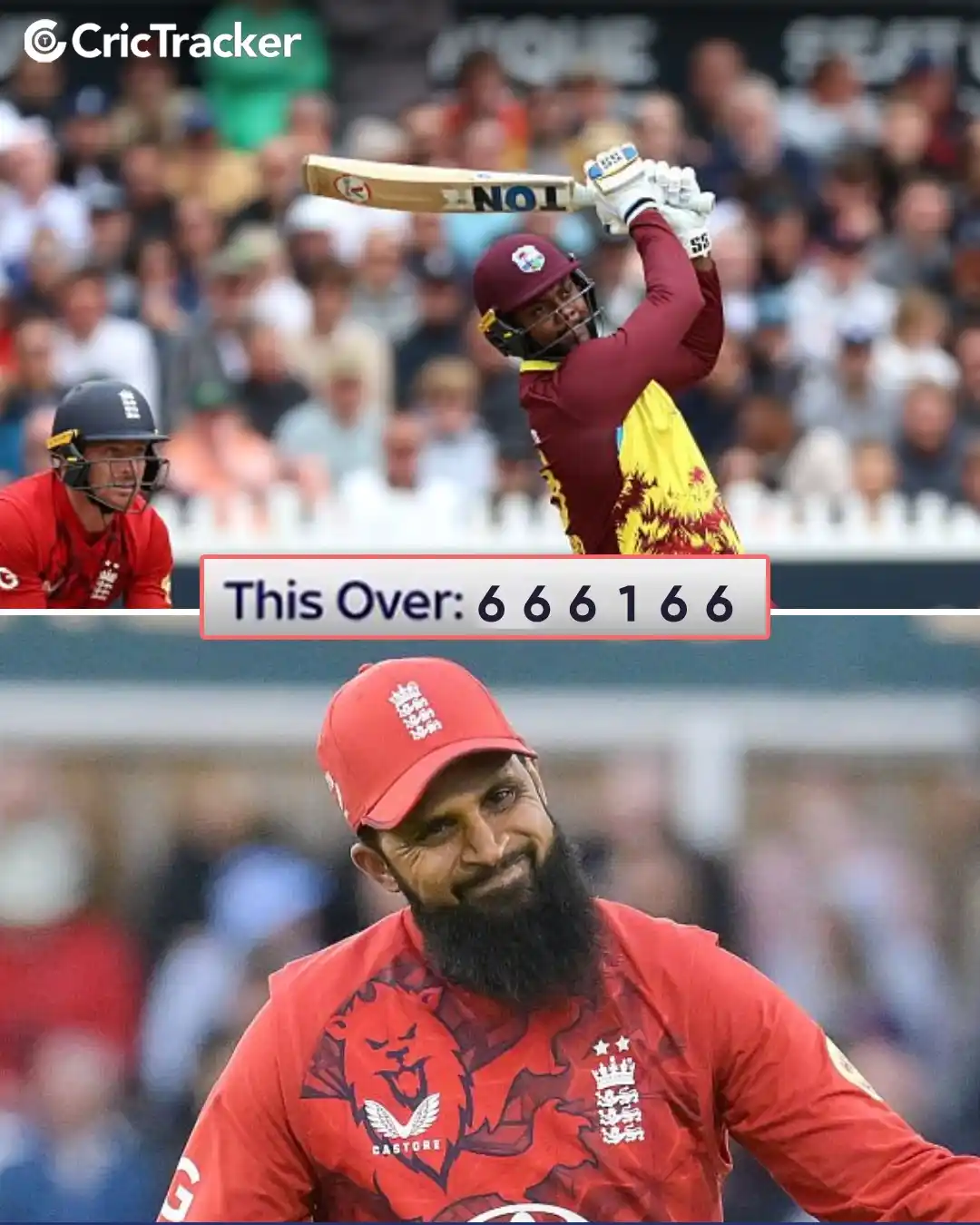 Image from CricTracker: Adil Rashid conceded 5 sixes in the 19th over of the innings. ENGvsWI...