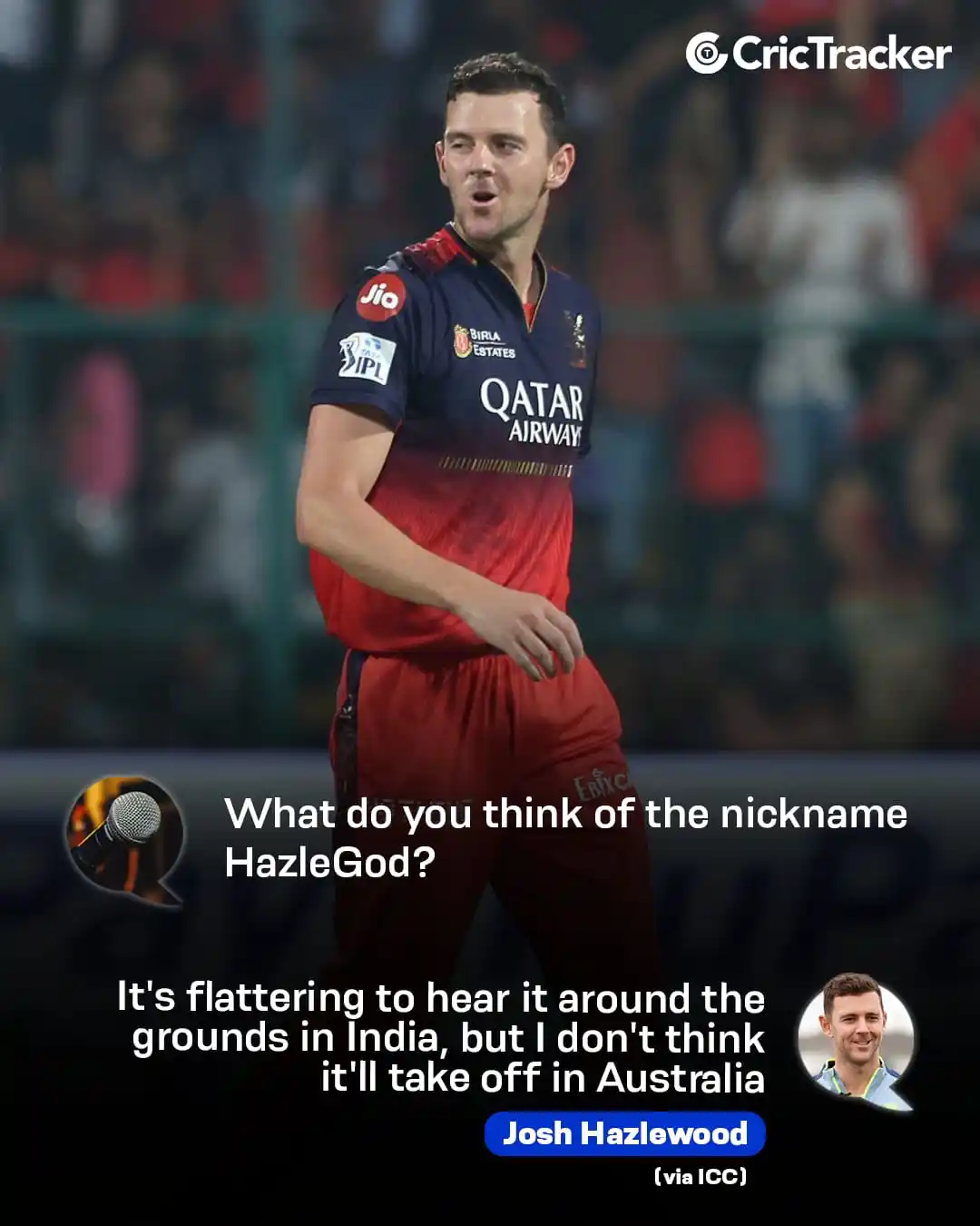 Image from CricTracker: Josh reacts to the “HazleGod” hype from RCB fans😅...