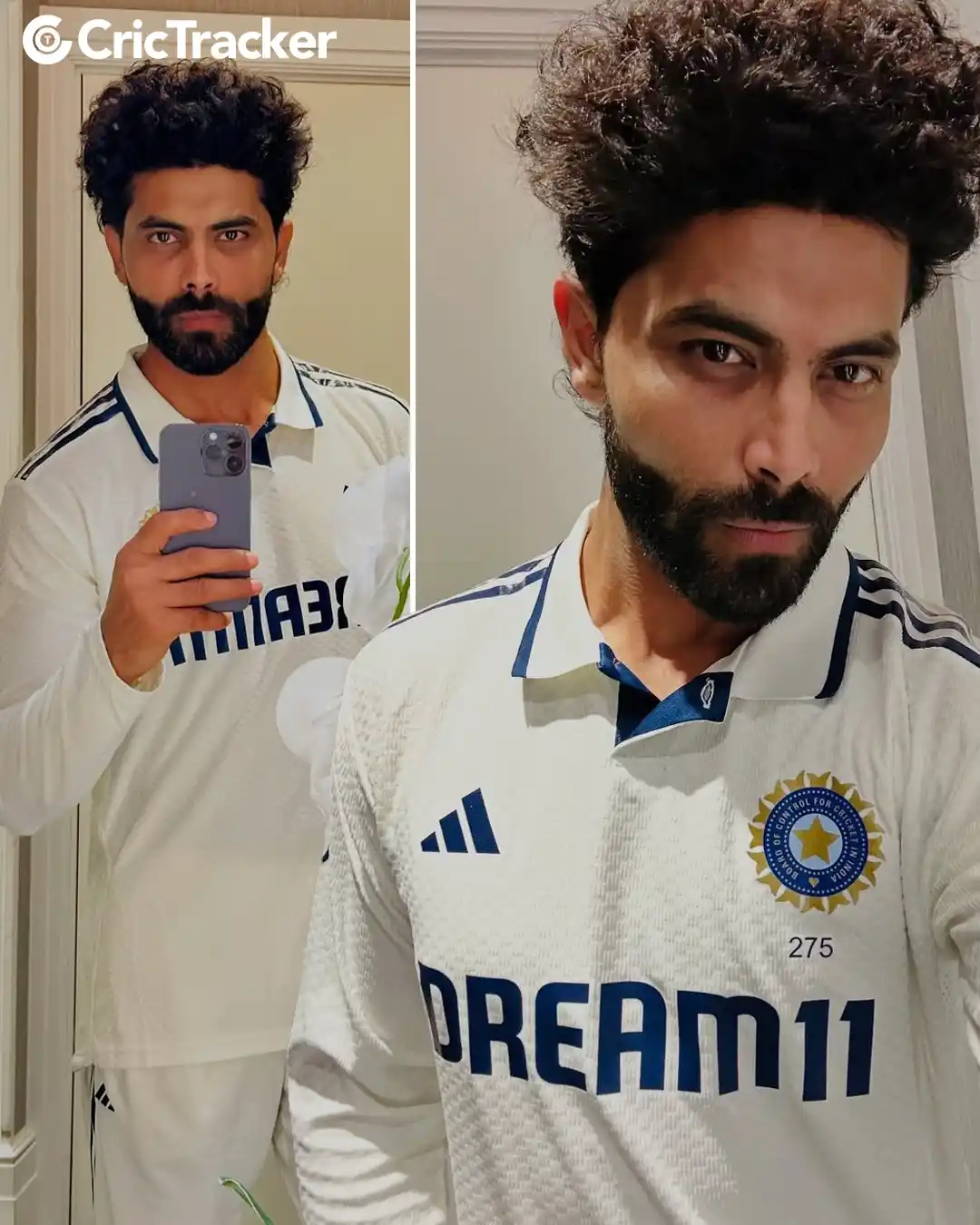 Image from CricTracker: R Jadeja locked & loaded in WHITES for the England Test! ⚔️🏏 📸 - R...