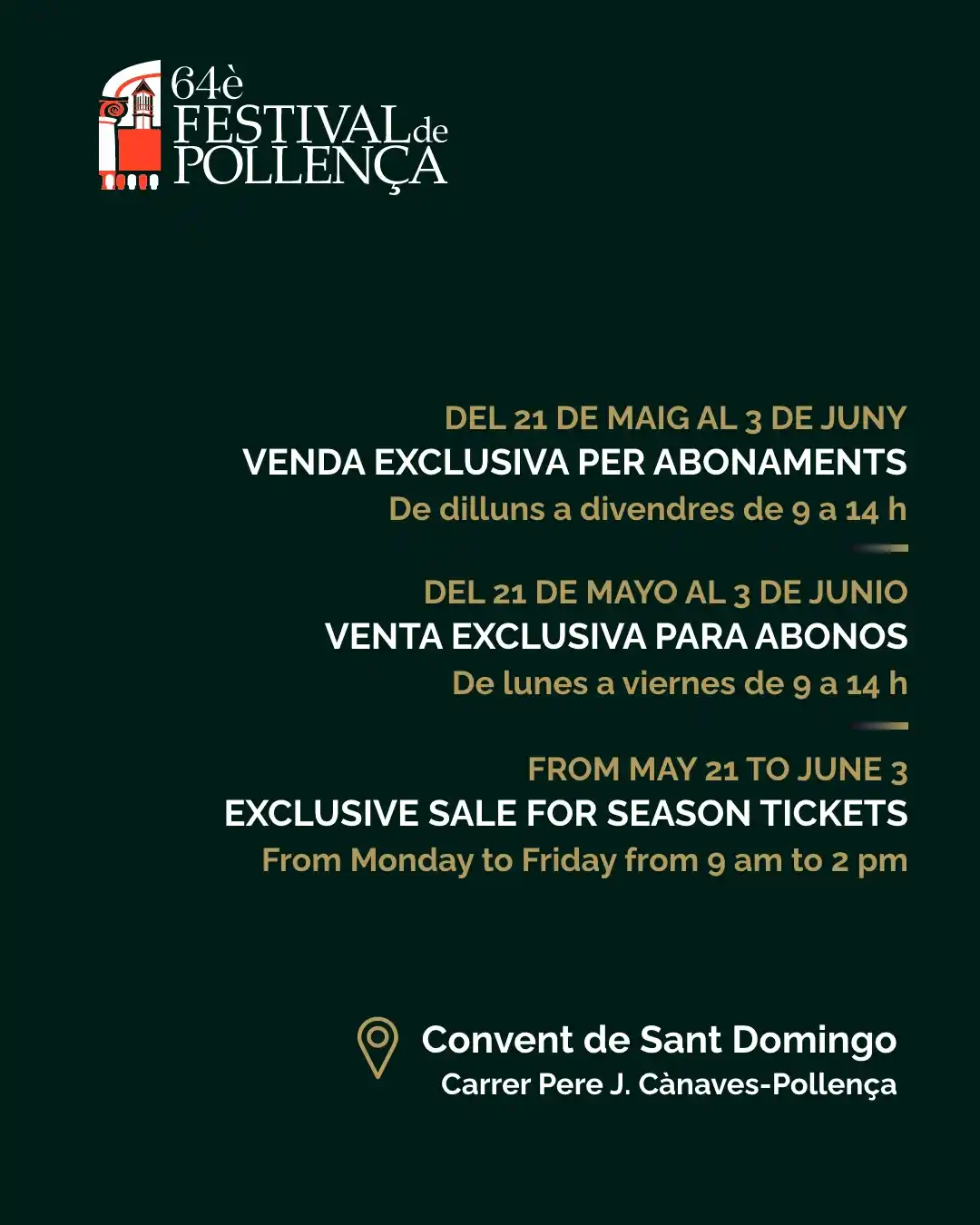 Image from Ajuntament de Pollença: 📣 Aquest dimecres comença la venda de subscripcions per al 64è Festiv...