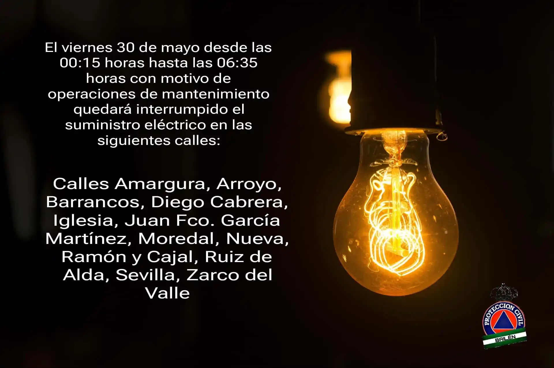 Image from Protección Civil Bailén: ℹ️💡Aviso de Endesa sobre interrupción de suministro eléctrico por tra...