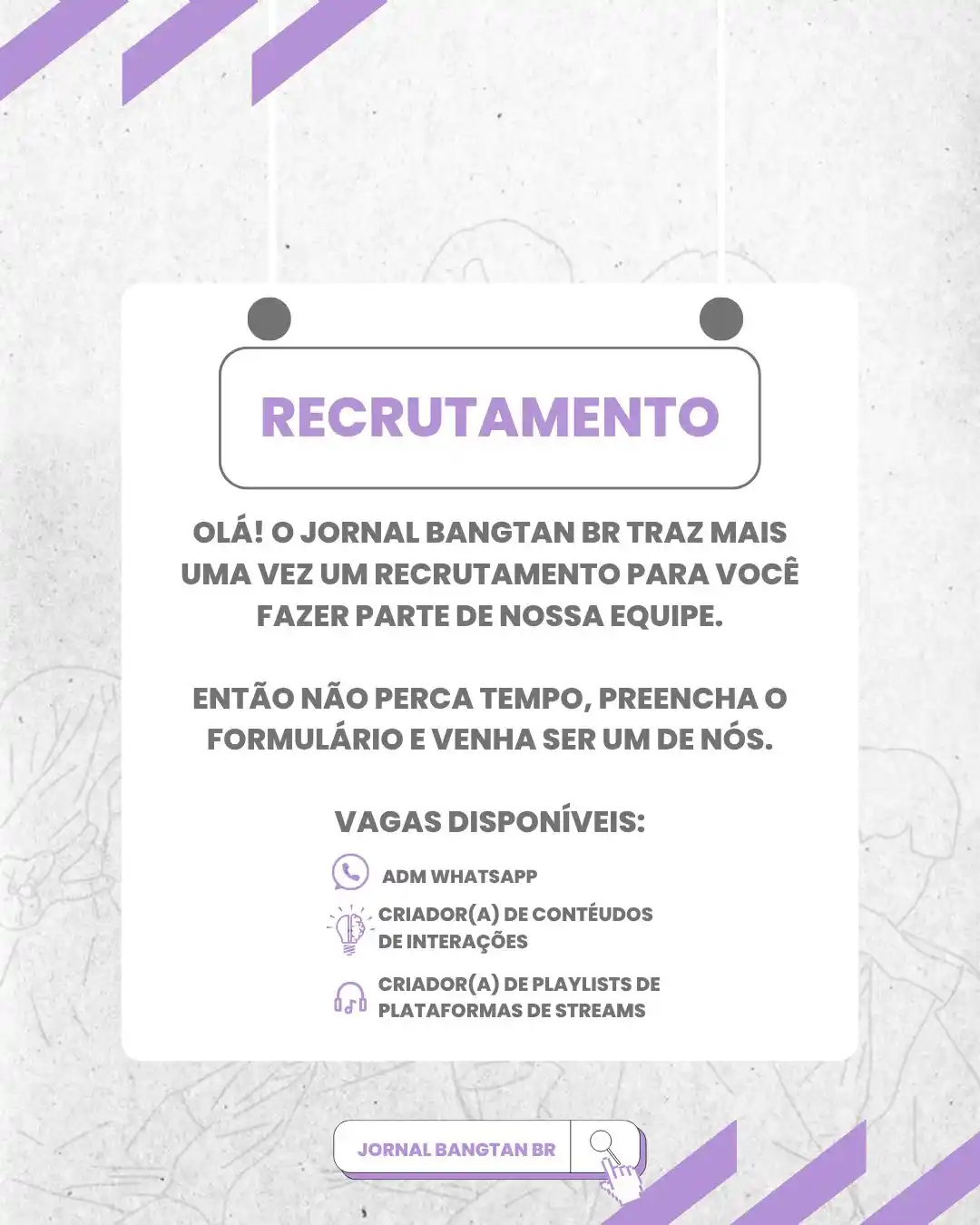 Image from ★彡[𝐉𝐨𝐫𝐧𝐚𝐥 𝐁𝐚𝐧𝐠𝐭𝐚𝐧 𝐁𝐫 - 𝐂𝐚𝐧𝐚𝐥 𝐄𝐱𝐜𝐥𝐮𝐬𝐢𝐯𝐨]彡★: *🫂 | RECRUTAMENTO*  Olá, armys! Passando aqui para avisar que o JBB e...
