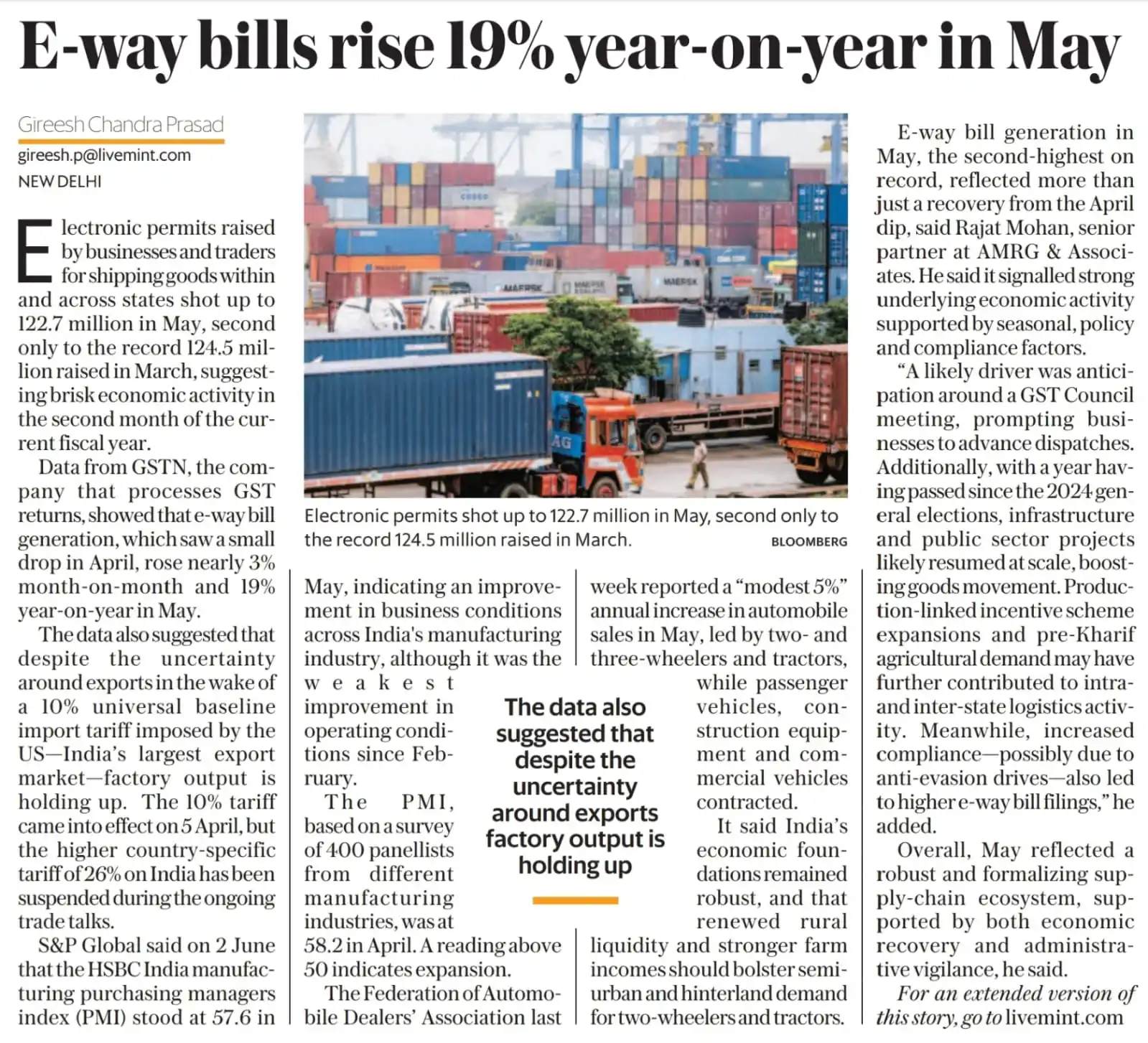 Image from Prateek Garg & Company: E-way bills rise 19% year-on-year in May Electronic permits raised by...