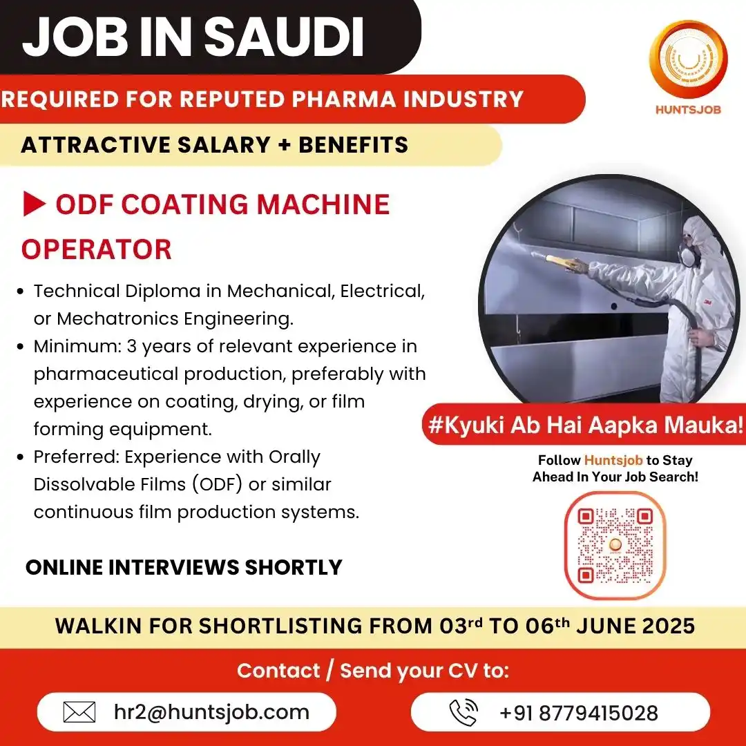 Image from Huntsjob: Jobs in Saudi✈️ ▶ODF Coating Machine Operator https://www.huntsjob.com...