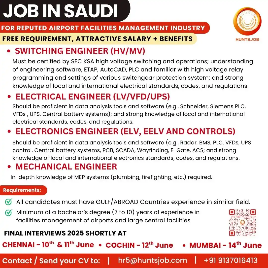 Image from Huntsjob: Jobs in Saudi✈️ ▶Switching engineer (HV/MV) https://www.huntsjob.com/j...