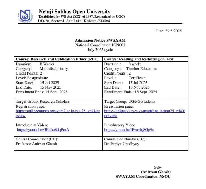 Image from (NSOU - RMV - NIOS) Exam Challenger Institute: Admission: SWAYAM-MOOCs (July 2025 cycle)...Detail *Netaji Subhas Op...