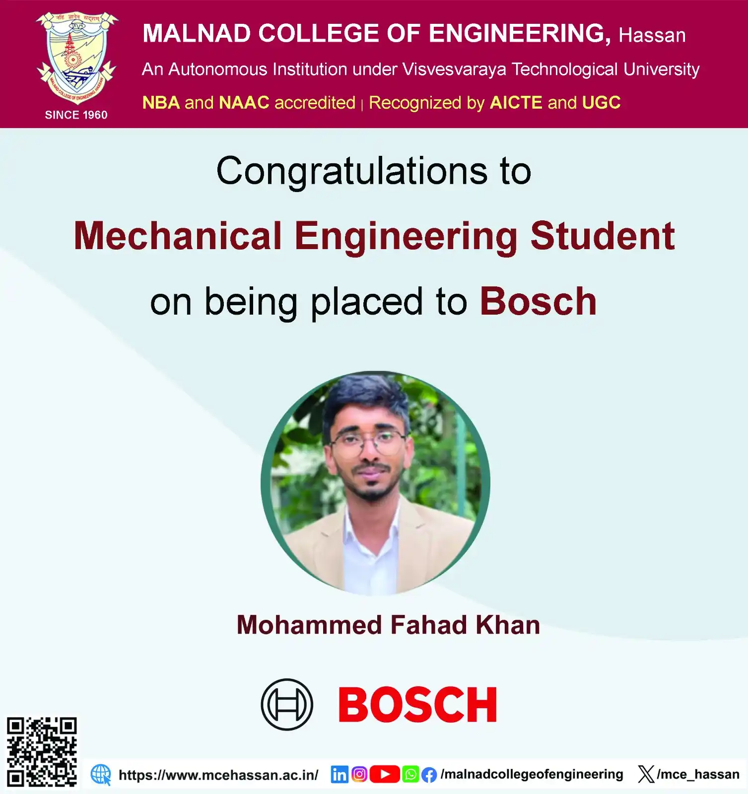 Image from Malnad College of Engineering, Hassan.: Congratulations to Mechanical Engineering Student, Mohammed Fahad Khan...
