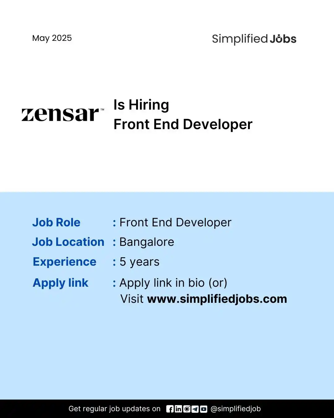 Image from Simplified Jobs: Zensar Technologies is hiring Front End Developer Company Name : Z...