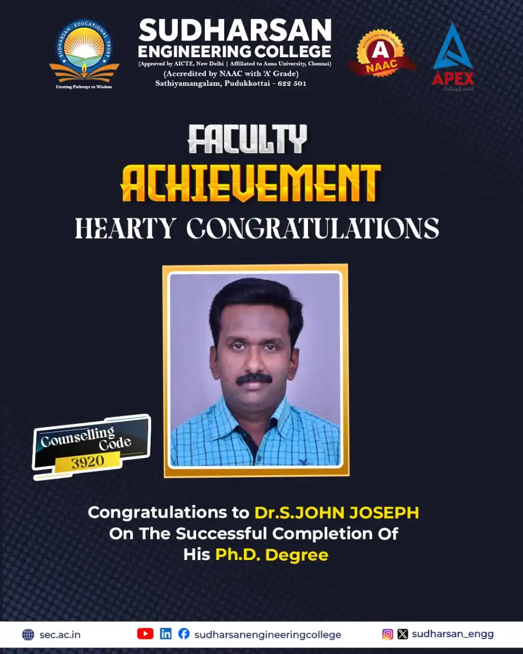Image from SUDHARSAN ENGINEERING COLLEGE: 🎓 Faculty Achievement Alert 🎓 We are delighted to announce the outst...