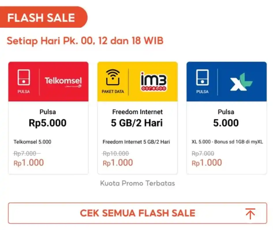 Image from Info Promo Diskon Lazada Shopee Dll: FlashSale Pulsa 5k jadi 1k / Paket Data ⏰️ 00.00 | 12.00 | 18.00 wib B...