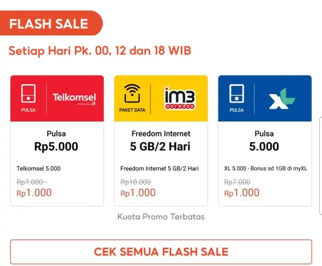 Image from Info Promo Diskon Lazada Shopee Dll: FlashSale Pulsa 5k jadi 1k / Paket Data ⏰️ 00.00 | 12.00 | 18.00 wib B...