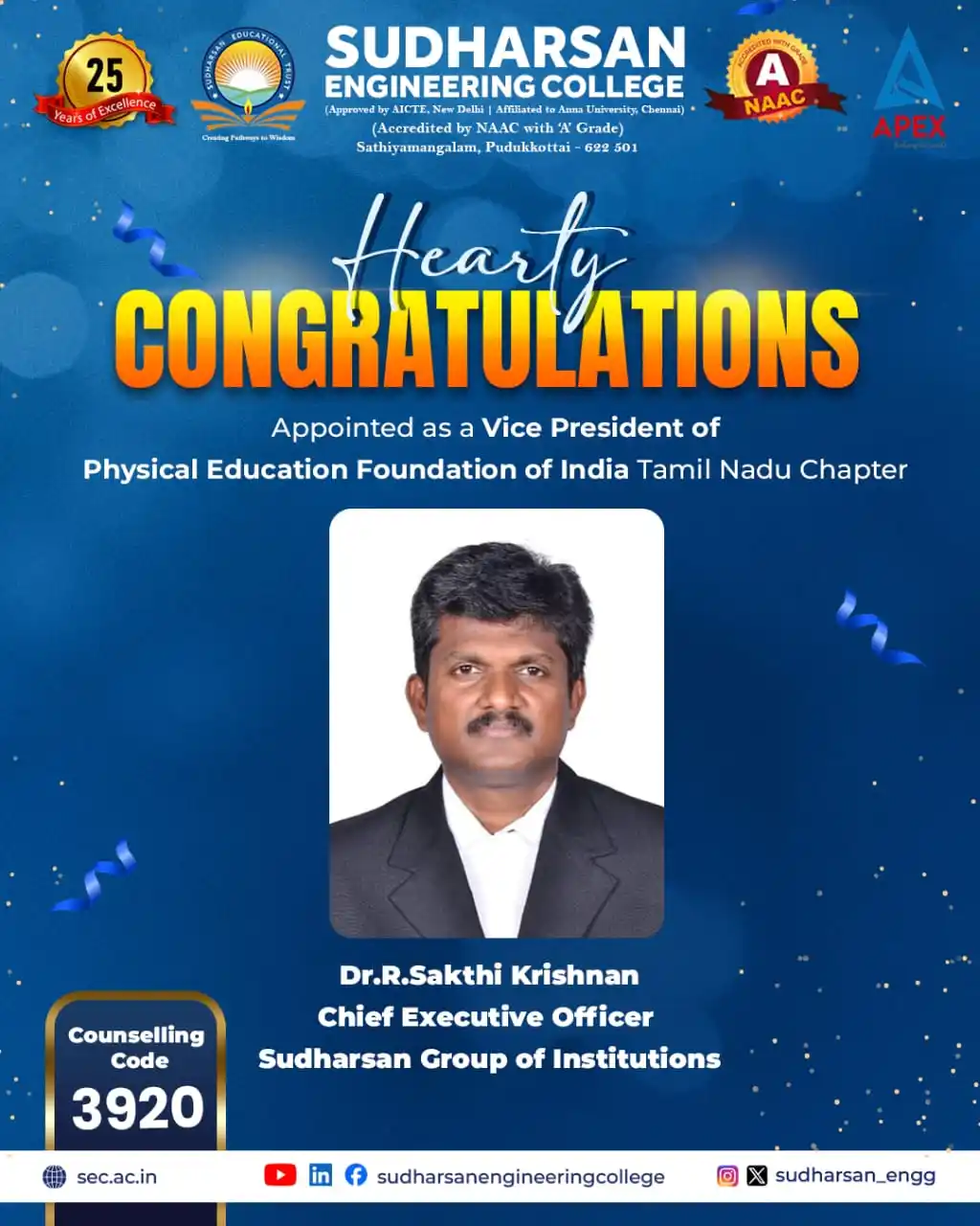 Image from SUDHARSAN ENGINEERING COLLEGE: 🎉 Hearty Congratulations to Dr. R. Sakthi Krishnan! 🎉 We are proud ...