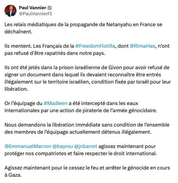 Image from Paul Vannier: Les relais médiatiques de la propagande de Netanyahu en France se déch...