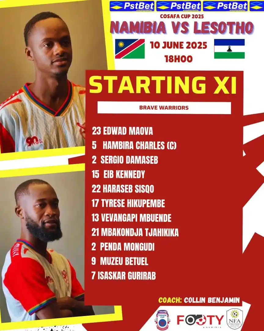 Image from Footy Namibia : Namibia Line Up 🆚 Lesotho 🇱🇸 Edward Mova - 23 Charles Hambira (C...