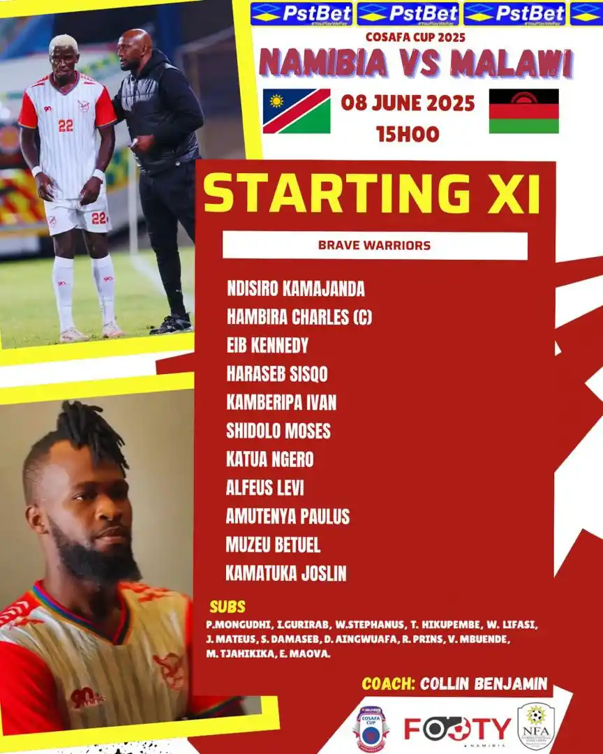 Image from Footy Namibia : 🇳🇦Namibia Line Up vs Malawi 🇲🇼 1. Ndisiro Kamaijanda 2. Charles...