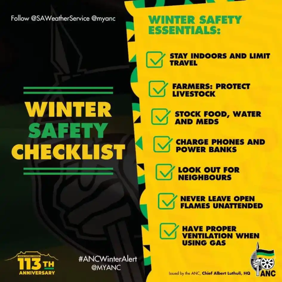Image from African National Congress: COLD FRONT SAFETY CHECKLIST: 7-11 June 2025 Help protect your househo...