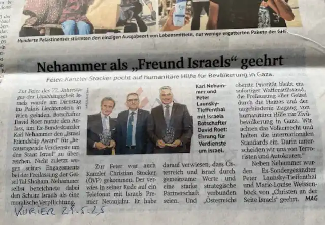 Image from Palästina Solidarität Österreich 🇵🇸: *Nehammer für Unterstützung des Völkermords* an Palästinensern geehrt....