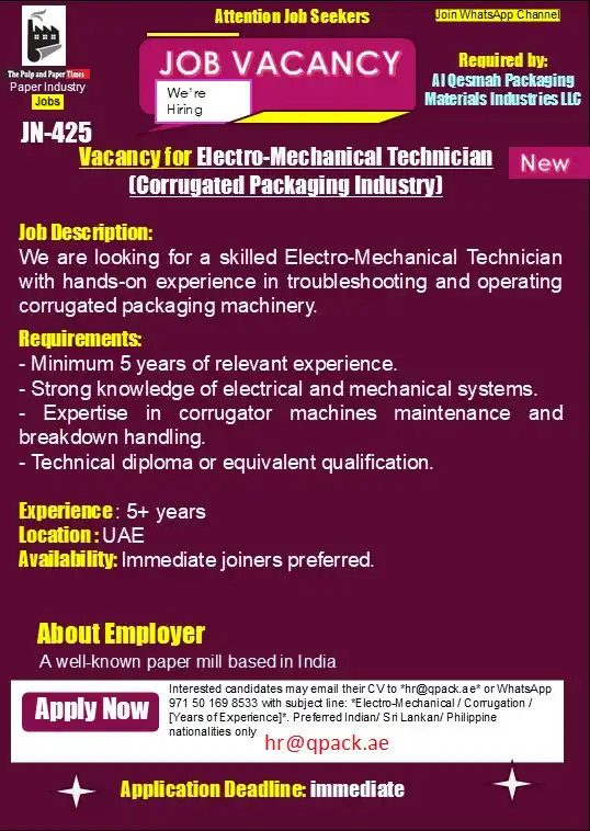 Image from Jobs - Paper, Converting, Packaging & Allied Industry: New Job ( *JN-425* ) for - *Electro-Mechanical Technician (Corrugated ...
