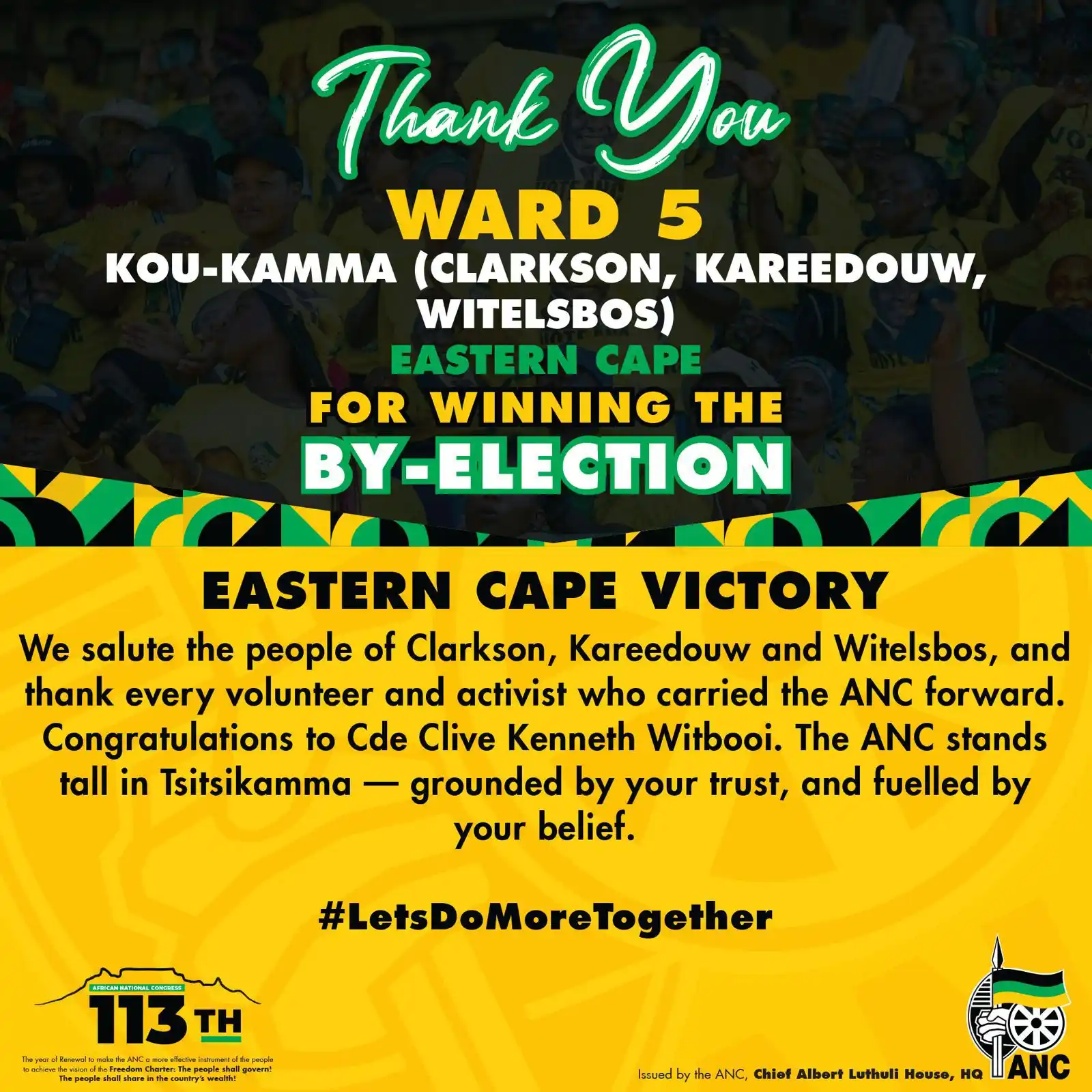 Image from African National Congress: The ANC celebrates a resounding victory in Ward 5, Kou-Kamma (Clarkson...