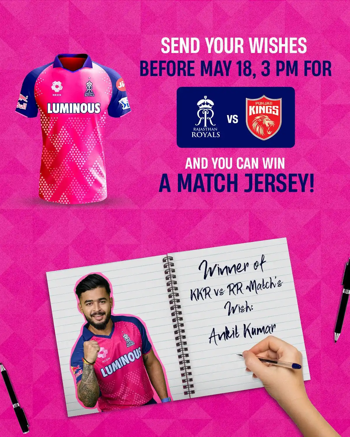 Image from Rajasthan Royals: Wish ➡️ Win 💗  https://www.rajasthanroyals.com/send-a-wish-contest?ut...