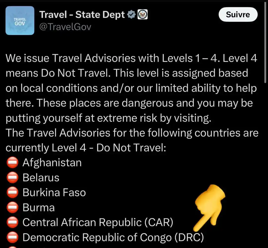 Image from 𝑼𝑯𝑼𝑹𝑼 𝑪𝒉𝒂𝒏𝒏𝒆𝒍: *🔵ALERTE VOYAGE | Niveau 4 - “Do Not Travel”* *Le Département d’État...