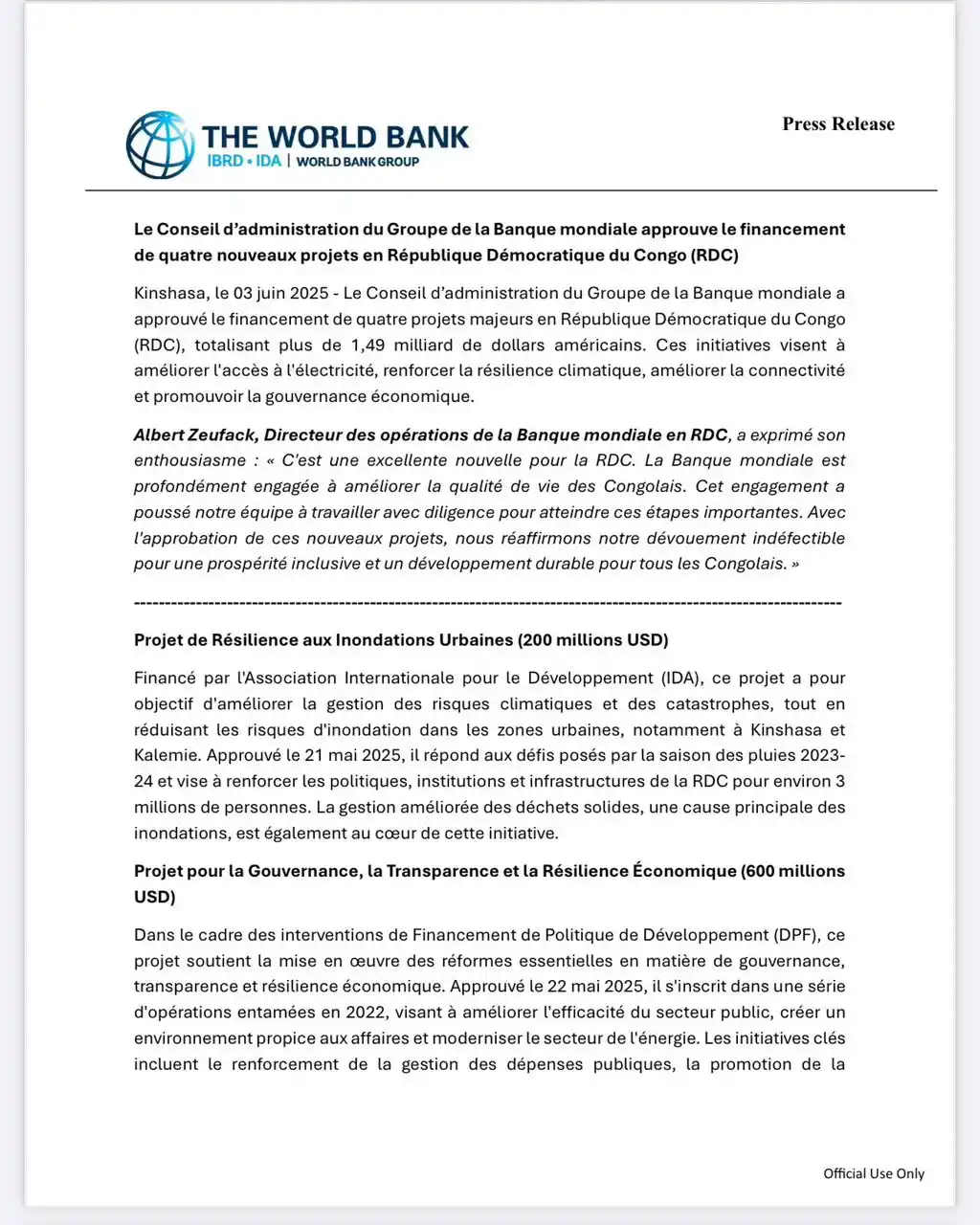 Image from 𝑼𝑯𝑼𝑹𝑼 𝑪𝒉𝒂𝒏𝒏𝒆𝒍: *🔵Un crédit de 250 millions de dollars en faveur de la RDC dans le bu...